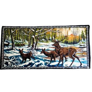 Vintage Italian Velvet Tapestry Rug Wall Decor Winter Landscape Deer Italy